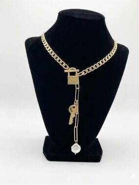 Paper Clip Necklace 14K Gold Plated Chain Choker Pearl Necklace with Charm
